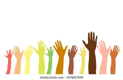 Hands up of different races, colors, nationalities. Vector isolated hand silhouette on white background. Diverse ethnicity hands raised. Asian, arab, african, american, european