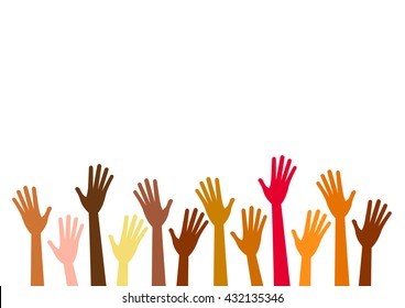 Hands up of different races, colors, nationalities. Vector isolated hand silhouette on white background. Diverse ethnicity hands raised. Asian, arab, african, american, europian hands and palms