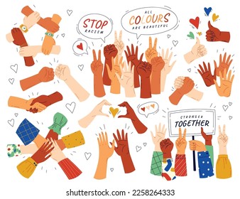 Hands of different races flat icons set. Meeting for equal rights for all colors. Support and love for people. Supportive messages. Color isolated illustrations