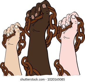 hands of different races hold the iron chain and are raised upwards, hands are clenched into a fist and together they show solidarity struggle