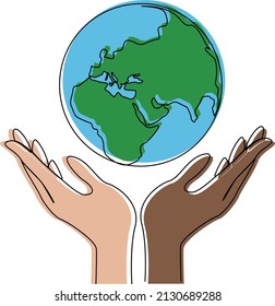 The hands of different races hold the planet. An illustration calling for peace on Earth and in the world. Different nationalities for world peace. saving the ecology of the earth. Vector illustrate. 