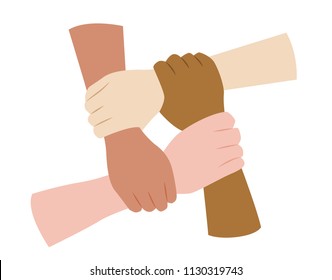 Hands of different races holding each other. 