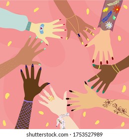 Hands of different races and nationalities in a circle. Concept for diversity, inclusivity, international relationship and female friendship. Feminist art.