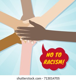 Hands of different races together in a circle.  No to racism and discrimination concept. Vector illustration