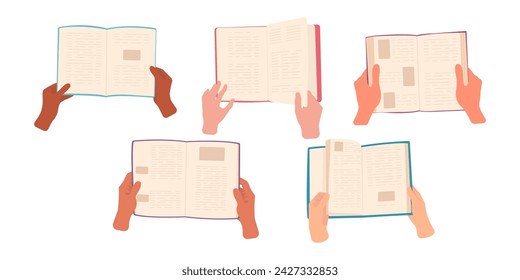 Manos de diferentes representantes de razas sostienen libros. Lean todo el día. 