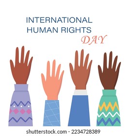 Hands of different skin color and diverse races people showing hands up