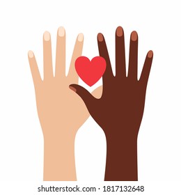 Hands with different skin color and heart - interracial love. Vector illustration
