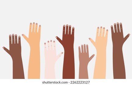 Hands of different skin color and races people. Diversity and equality consept. Flat vector design illustration