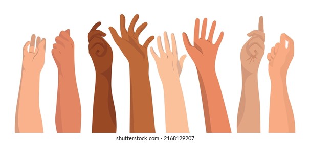 Hands of different skin color raised up