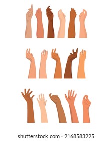 Hands of different skin color raised up