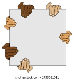 Hands with different skin colors hold a blank white sheet. Hands holding a banner. Vector illustration of a man's wrist. 