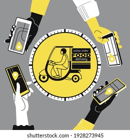 hands of different skin colors hold phones and order food delivery. concept on the topic of modern technologies. trend colors of the year are gray and yellow. stock vector illustration. EPS 10.