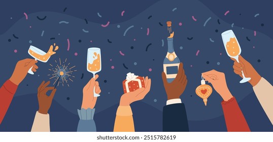 Hands different skin colors hold glasses of champagne, wine, sparklers, gift box, Christmas toys. People on New Year and Christmas party. Vector flat illustration for celebrating holiday.