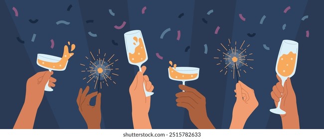 Hands different skin colors hold glasses of champagne, wine and sparklers. People on New Year and Christmas party. Vector flat illustration for celebrating holiday.