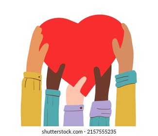 Hands with different skin colors holding a red heart. Friendship and love of nationalities, the concept of international community. flat vector