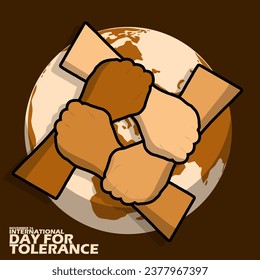 Manos con diferentes colores de piel sosteniéndose entre sí para crear unidad en la tierra, con texto en negrita sobre fondo marrón oscuro para conmemorar el Día Internacional por la Tolerancia el 16 de noviembre
