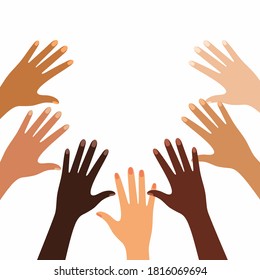 Hände in verschiedenen Hautfarben - interethnische Freundschaft. Vektorgrafik