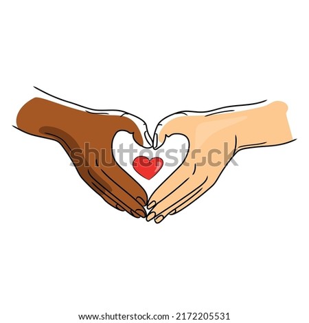 Hands of different skin colors make a heart shape vector illustration on a white background.Two hands in a heart shape sign.Gesture of love and friendliness.Supporting concept