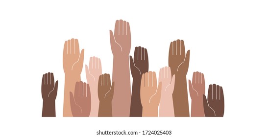 Hands of different skin colors raised up. Vector illustration