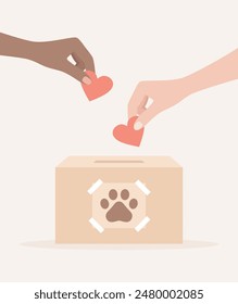 Hands of different skin tones putting hearts in an animal charity box with a paw print sticker on it. Flat vector illustration
