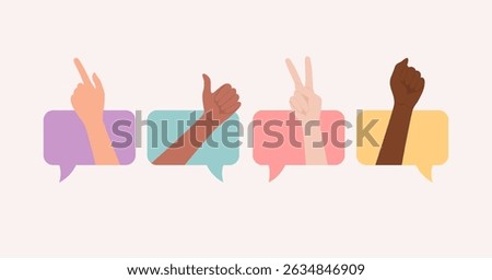 Hands of different skin tones showing various gestures in colored speech bubbles. Flat vector illustration