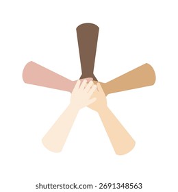 Hände in verschiedenen Hauttönen zusammen. Multiethnische, Teamwork, Verbindung, Unterstützung, Vielfalt, Gemeinschaft, zusammen Konzepte. Flaches Vektordesign, einzelne Illustration. 