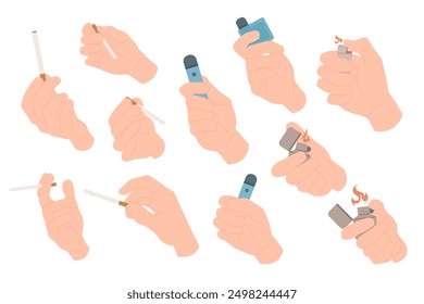 Hands with different smoking gestures set. Human fingers of smoker and addict holding tobacco cigarette and lighter to smoke, giving nicotine cigar and lighting fire cartoon vector illustration