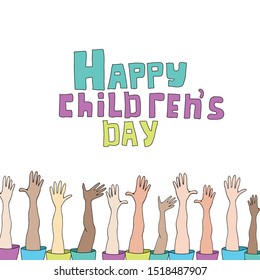 Hands with different tones of skin. Happy children international day.Hands up