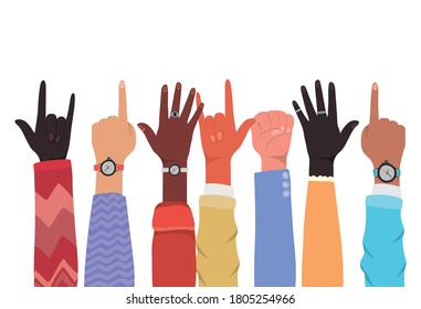hands up of different types of skins design, diversity people multiethnic race and community theme Vector illustration