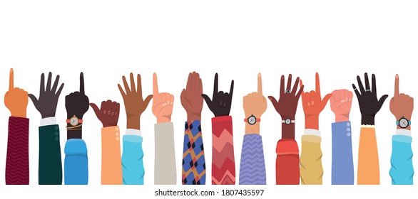 Hands Up Of Different Types Of Skins Design, Diversity People Multiethnic Race And Community Theme Vector Illustration