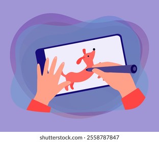 Hands of digital artist drawing cute comic dog on graphic tablet. Graphic designer holding stylus or pen flat vector illustration. Graphic design, creativity concept for banner or landing web page