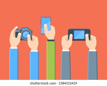 Hands with digital devices flat vector illustration. Camera, smartphone, handheld game. People with electronics. Entertainment, mobile technology. People holding gadgets isolated on red background