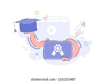 Hände mit Diplom und Graduierungsmütze. Element für die Gestaltung von Präsentationen, Anwendungen und Websites. Trend-Illustration. Vektorgrafik