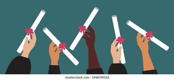 Hands with a diploma isolated. Flat vector stock illustration. Bachelor's and Master's degree certificate at the graduation. Graduates are happy. People with a diploma. Vector graphics