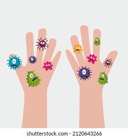 hands dirty, virus and bacteria on hand.  vector illustration