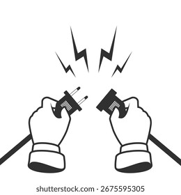 Hands disconnecting electrical plug. Business connection concept. Partnership. Two hands trying to disconnect electric plug together. 