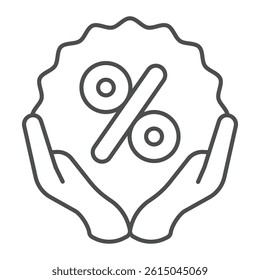 Hands and discount sticker thin line icon, black friday concept. Vector graphics. Sticker with percentage and hands sign on white background, outline style icon for mobile or web design