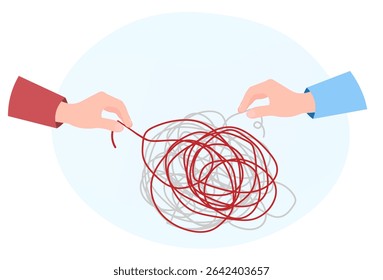Mãos desentrelaçando cordas ou fio, resolvendo os problemas, encontrando ideias conceito, ilustração de vetor plana