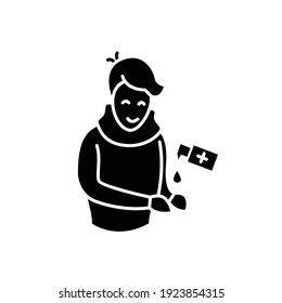 Hands disinfection glyph icon.Character sanitizing his hand antibacterial soap or spray. Virus protection. Filled flat sign. Isolated silhouette vector illustration