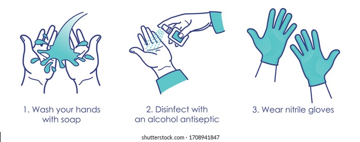 Hands disinfection, using sanitizer to kill bacterias and viruses, wearing medical nitrile gloves. Antibacterial means, antiseptic. Covid19 prevention, coronavirus precautions. For your design