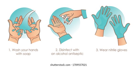 Hands disinfection, using sanitizer to kill bacterias and viruses, wearing medical nitrile gloves. Coronavirus precautions. For your design