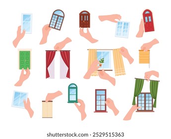 Hands display an assortment of windows and doors, featuring designs in wood, glass, and various colors, along with curtains and shades highlighting interior decor options.