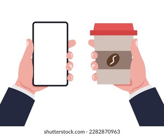 Hands with a disposable coffee cup and smartphone. Flat design style. Vector.