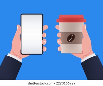 Hands with a disposable coffee cup and smartphone. Mesh design. Vector.