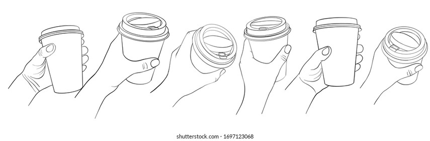 hands with disposable coffee cups, line drawing isolated symbols at white background