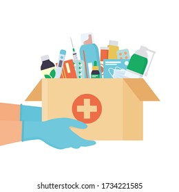 Hands in disposable gloves with open cardboard box with medicines, drugs, pills and bottles inside. Home delivery pharmacy service. Vector illustration in flat style on white background