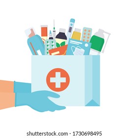 Hands in disposable gloves with paper bag with medicines, drugs, pills and bottles inside. Home delivery pharmacy service. Vector illustration in flat style on white background