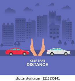 Hands up the distances symbolizing increase between cars. The concept of safety and fail-safety on roads, observance of traffic regulations. A vector illustration in flat style.