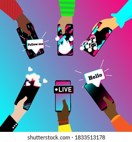 The hands of a diverse group of people are holding a smart phones with symbols of famous social media. Social network illustration Mobile app template. Flat vector illustration. EPS10