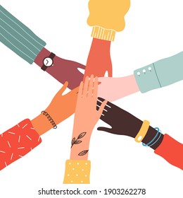 Hands of diverse group of people. Illustration of teamwork, support, cooperation, unity, girl power, social community. Flat vector illustration.